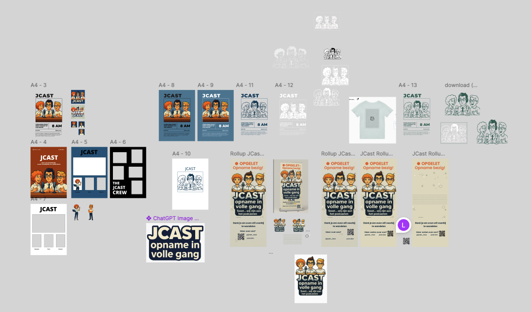 Screenshot van mijn Figma werkbestand met verschillende T-shirt ontwerp varianten